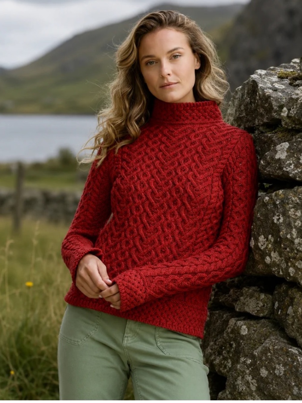 NEW Aran Mor Irish Merino Wool Heart Mock Neck Sweater Ruby Red C4767 Cable Knit